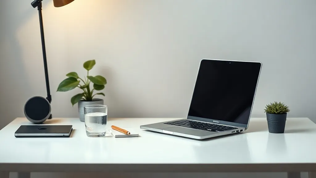 A modern minimalist home office desk with a laptop, a glass
